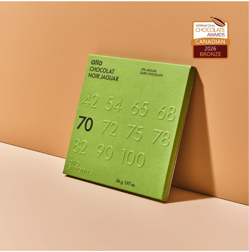 Allo Simonne - Jaguar Dark Chocolate 70%, Ecuador with Theobroma bicolor | ICA 2026 Canadian Bronze
