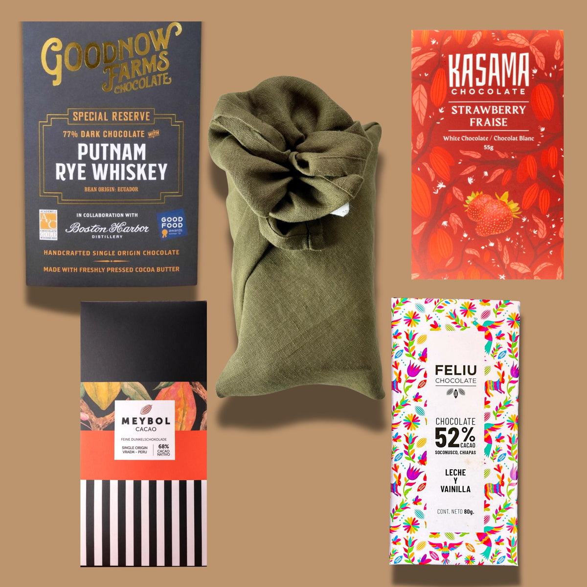 The Discovery Set, dark, milk and white craft chocolate gift wrapped in olive linen furoshiki — Hello Chocolate