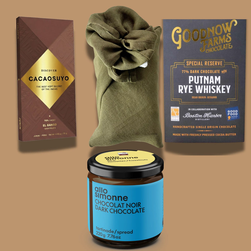 award-winning dark chocolate gift box wrapped in olive linen furoshiki