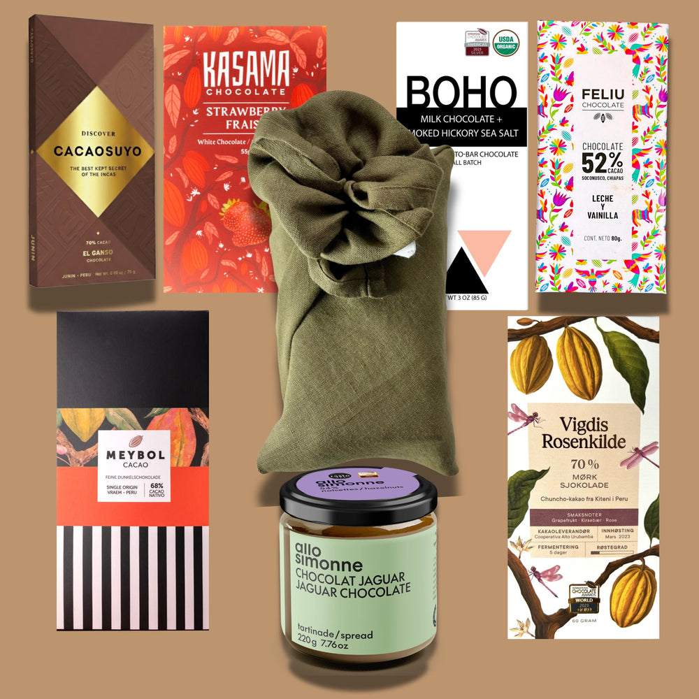 The Best of the Best chocolate gift box wrapped in olive linen furoshiki
