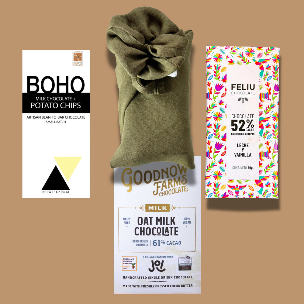 the best milk chocolate gift box wrapped in olive linen furoshiki