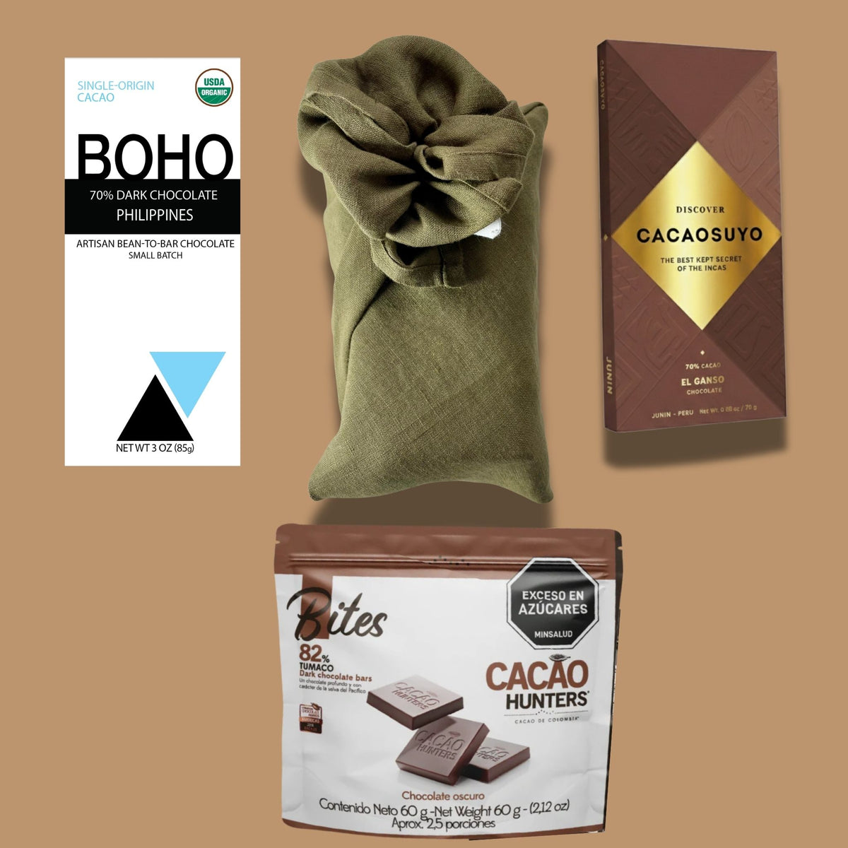 plain dark chocolate gift box wrapped in olive linen furoshiki